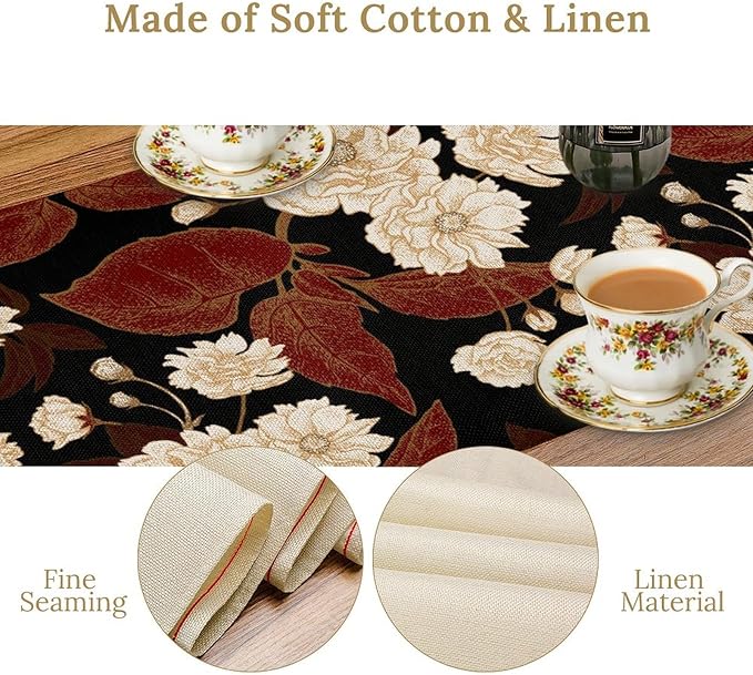 Red Gold Floral Table Runner, Boho Dark Flower Leaves Chinese Plum Blossoms Botanical Vintage White Gold Art Print Table Runner for Spring Holiday Decor, 13x70inch