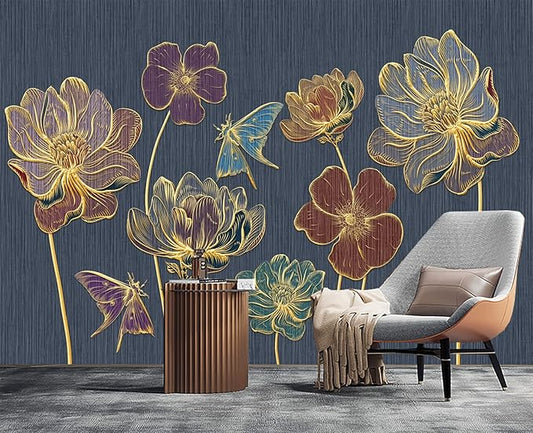 Embossed Golden Flower 3D Wall Mural Wallpaper for Bedroom 103" x 69"