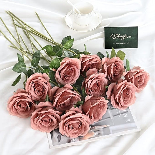 Waipfaru 12 Pcs Artificial Flowers Fake Silk Dusty Roses, Faux Real Touch Roses Bouquet with Long Stem for Wedding Party Home Decor (Dusty Rose)