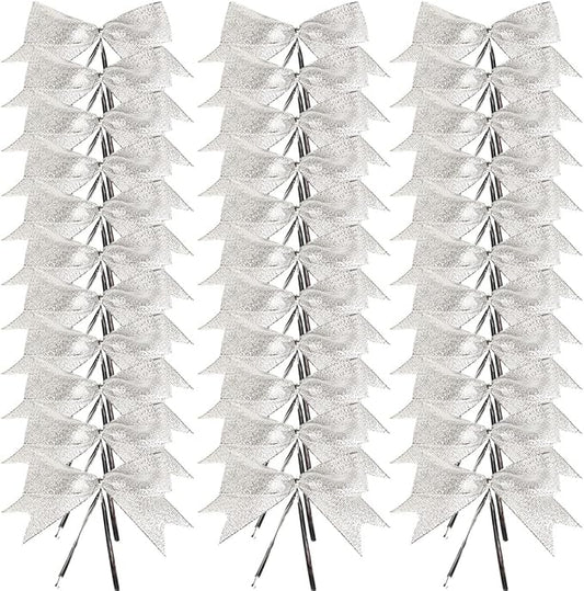 50pcs 3-1/2" Silver Twist Ties Metallic Silver Bows with Twist Tie Bows Fish Tail Cuttiog(Silver.)