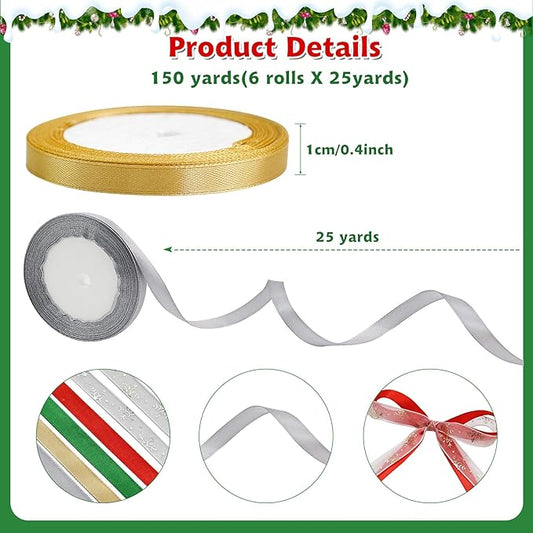 6 Rolls Snowflake Wrapping Ribbon 3/8 Inch x 150 Yards Glitter Fabric Holiday Festival Satin Ribbons for Wrapping Decoration Floral Bows Craft(Snowflake)