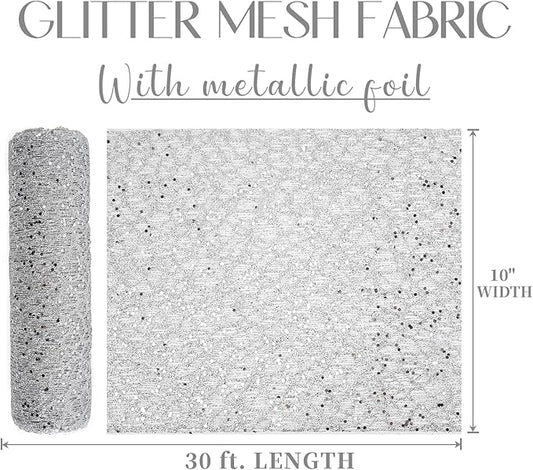 MEEDEE Silver Glitter Mesh Web Ribbon 10 Inch Wide by 10 Yards Roll Fabric Ribbon Silver Decorative Mesh Ribbon for Christmas Tree, Garland, Holiday Wreaths, Bows, Home Decor