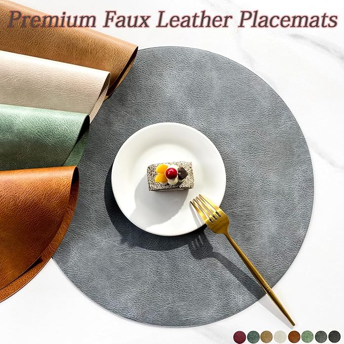 UnivoColors PU Leather Placemats Set of 6,15" Round Washed Cowhide Pattern Table Mats for Dining Table, Kitchen, Party Decoration(Retro Beige)