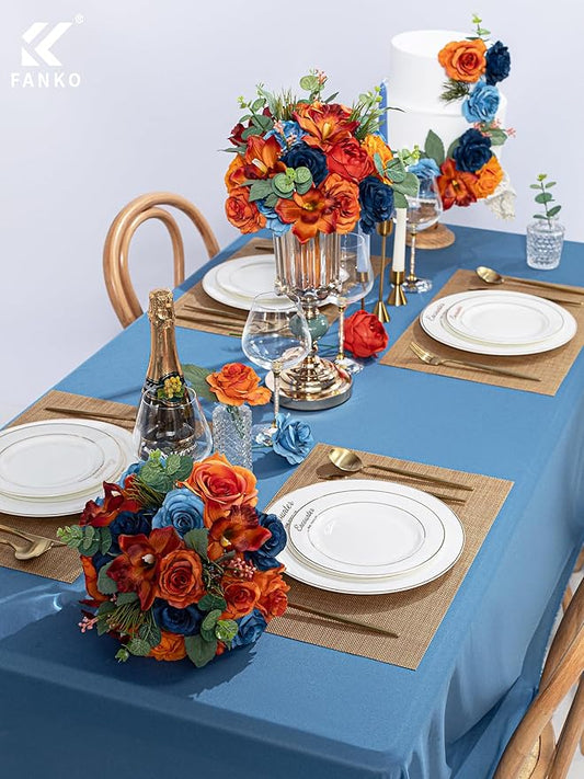 FANKO Artificial Flowers Gradient Orange Rose: Mixed Fake Silk Flowers Combo Dusty & Navy Blue Rose Orchid Vintage Assorted Blooms for DIY Wedding Bridal Bouquets/Centerpieces/Home Decor