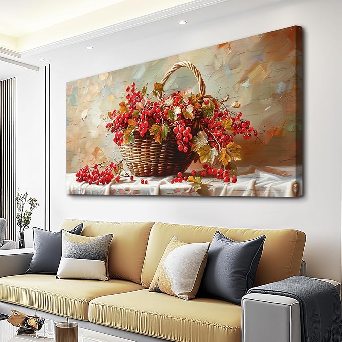 hyidecorart Large Canvas Print Wall Art Rustic Dining Room Artwork For Walls Still Life Bamboo Basket And Fruit Vintage Wall Decor Modern Pictures For Living Room Kitchen Bar Paintings Ready To Hang