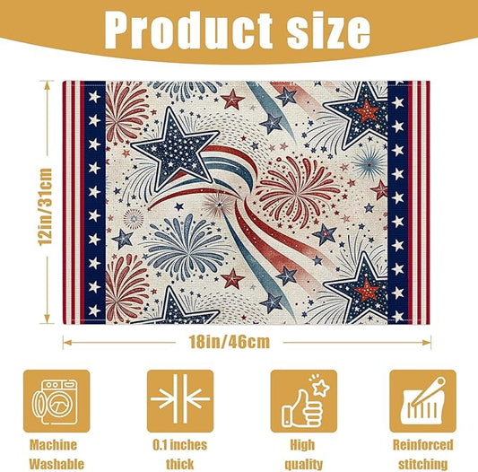 4th of July Placemats Set of 6, American Star Linen Place Mat Washable Stain Resistant Table Mats for Farmhouse Kitchen Dining Holiday Party Wedding Decor 12x18 Inch