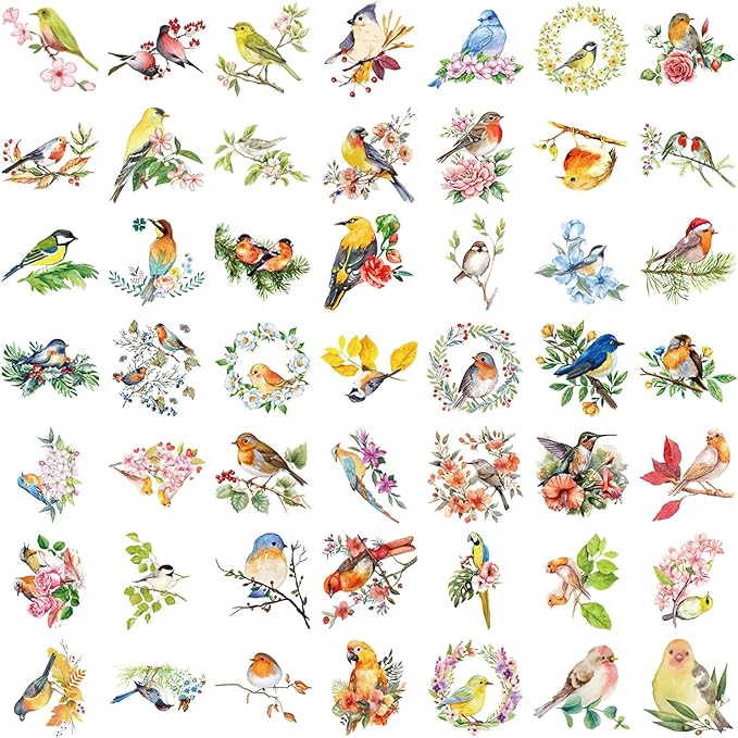 50PCS Watercolor Bird & Flower Stickers, PET Transparent Waterproof Decals for Scrapbooking, Journal Planners, Phone Cases, Laptops, DIY Crafts Decorations - Nature Theme Art Supplies