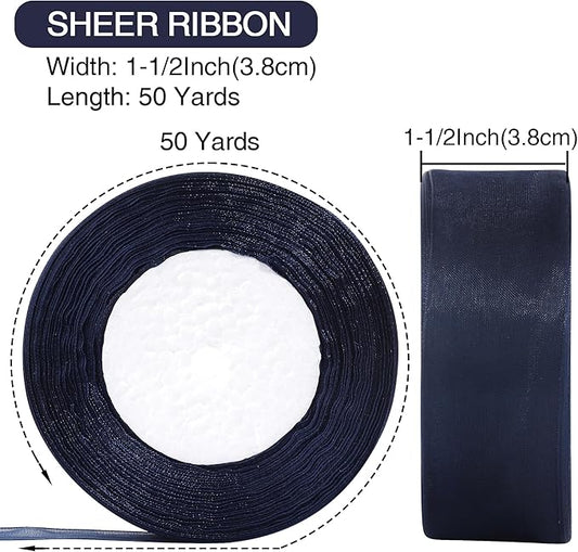 1-1/2 Inch x 50 Yards Sheer Organza Ribbon Chiffon Ribbon for Gift Wedding Flower Bouquet Wrapping Decorations Crafts (Navy Blue)