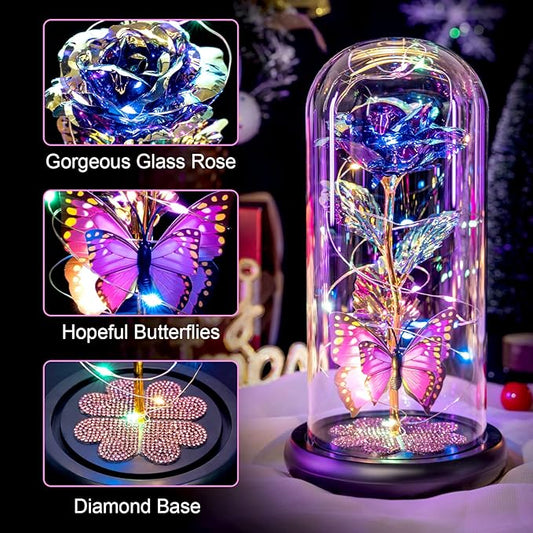 Womens Gifts for Christmas, Christmas Rose Gift for Women Birthday Gift Galaxy Glass Rose Forever Eternal Crystal Flower Light Up Roses in Glass Dome Purple Xmas Gifts for Mom Grandma Wife Her Sister