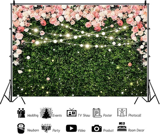 12x8ft Flower Wall Backdrop Pink Rose Floral Blossom Green Leaves Photography Background Women Girls Birthday Party Wedding Banner Decorations Portraits Supplies Photo Booth Props