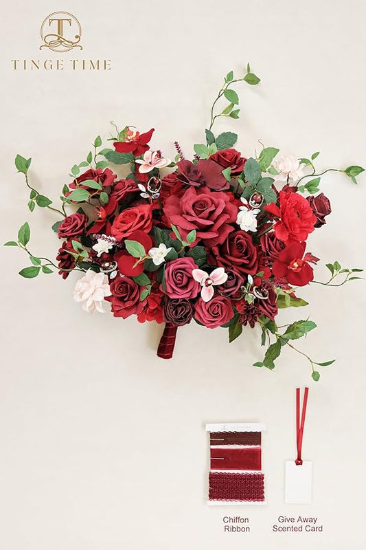 TINGE TIME 17 Inch Artificial Bridal Bouquet Realistic Silk Wedding Bouquet, Durable Fake Flowers for Brides, Bridesmaids, Home Decor, and Events (Burgundy Red)