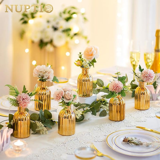 NUPTIO Bud Vases Small Gold: 12 Pcs Glass Vase Set in Bulk for Flowers - Mini Vintage Flower Bottle Single Vases for Wedding Table Centerpieces