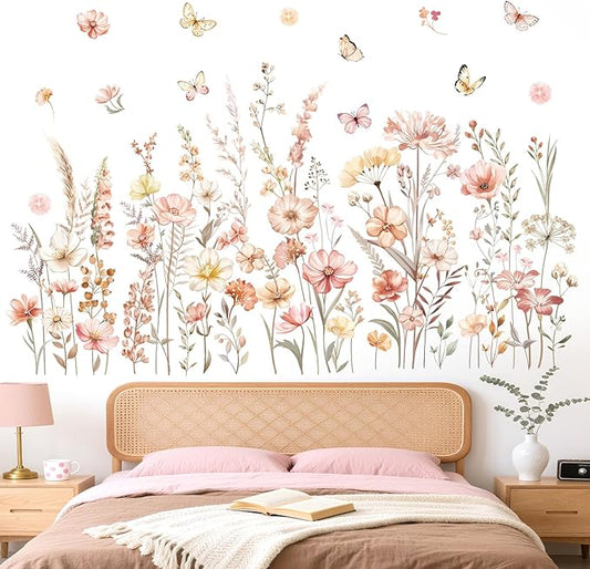 decalmile Watercolor Boho Flowers Wall Decals Wildflower Floral Grass Plants Butterfly Wall Stickers Bedroom Living Room Sofa TV Background Home Decor