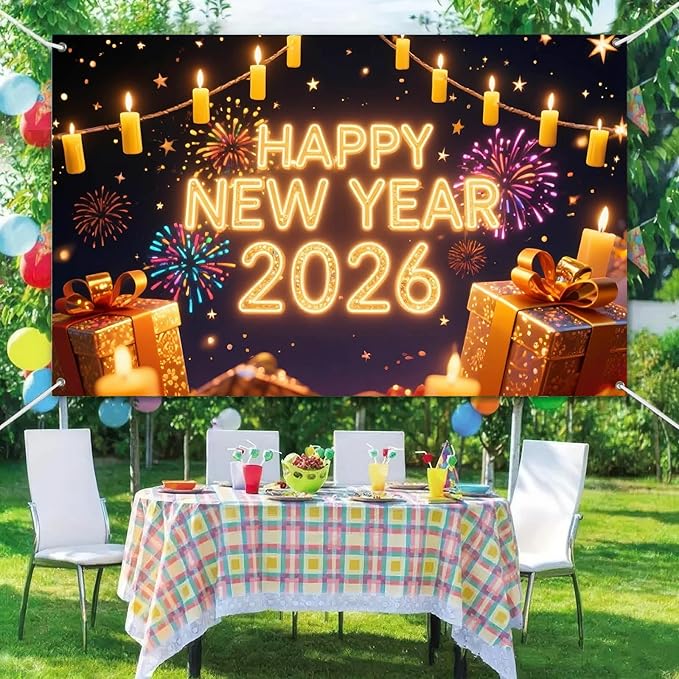 Happy New Year 2026 Backdrop 71x43 Inch Gold Light Party Banner with Fireworks and Gift Boxes for Indoor Wall Decoration Countdown Celebration and Holiday Photo Background