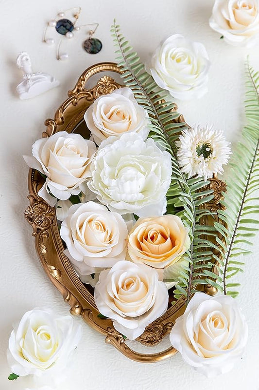 DuHouse 10pcs Fake Roses Artificial Silk Flowers Faux Rose Flower Long Stems Bouquet for Arrangement Wedding Centerpiece Party Home Kitchen Decor (Light Champagne)