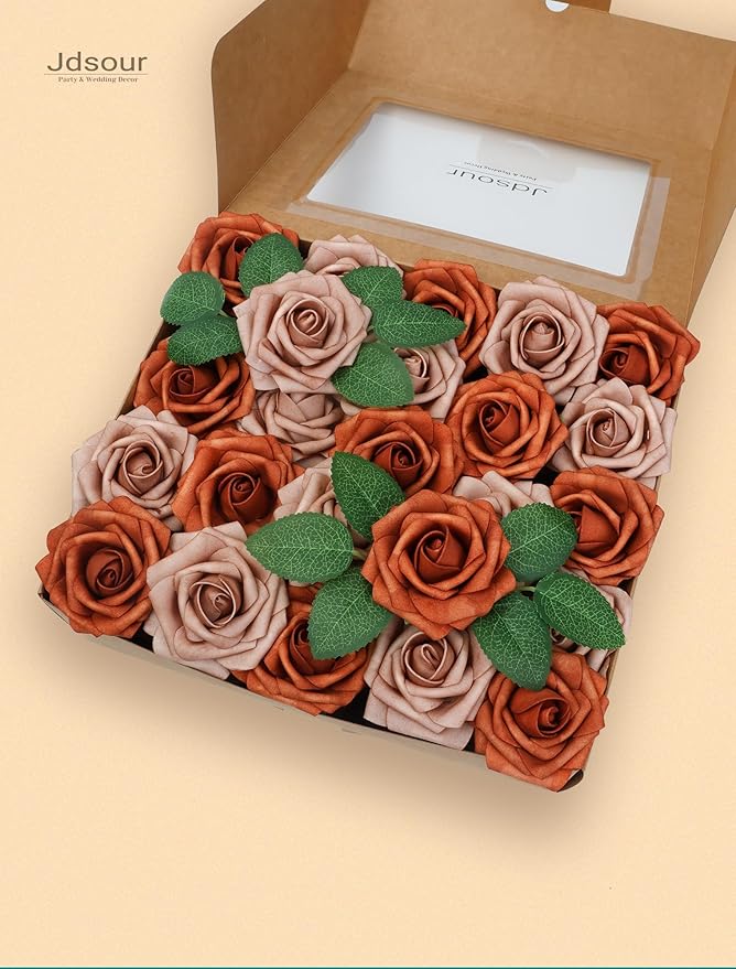 50pcs Artificial Flower,Real Touch Foam Roses w/Stem DIY for Wedding Bouquet Centerpieces Party Shower Home Decor-Burnt Orange Taupe