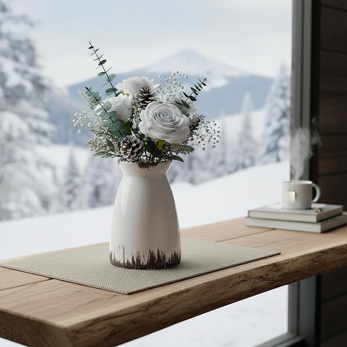 hjn White Flower Vase- Ceramic Vase for Decor, White vase for Flowers, Modern Vases for Living Room/Home Decor Accents/Entryway/Mantel/Bookshel