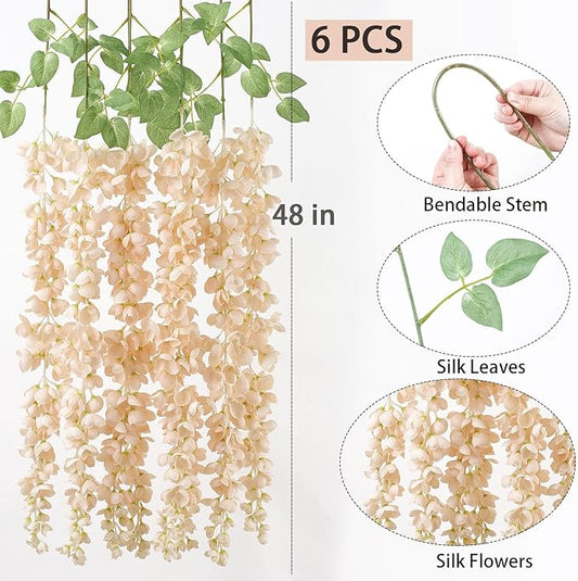 mizii 6Pcs Beige Wisteria Hanging Flowers 48" Silk Wisteria Artificial Flowers Garland Vines Fake Hanging Flowers Decoration for Wedding Flower Wall Backdrop Centerpieces Party Room Decor (Beige)