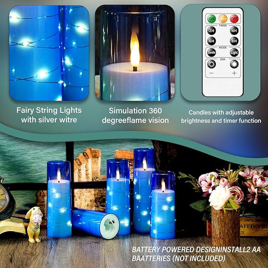 Flameless LED Candles with Timer 5 Pc Flickering Flameless Candles for Romantic Ambiance and Home Decoration Stable Acrylic Shell,with Embedded Star String,Battery Operated Candles(Blue)