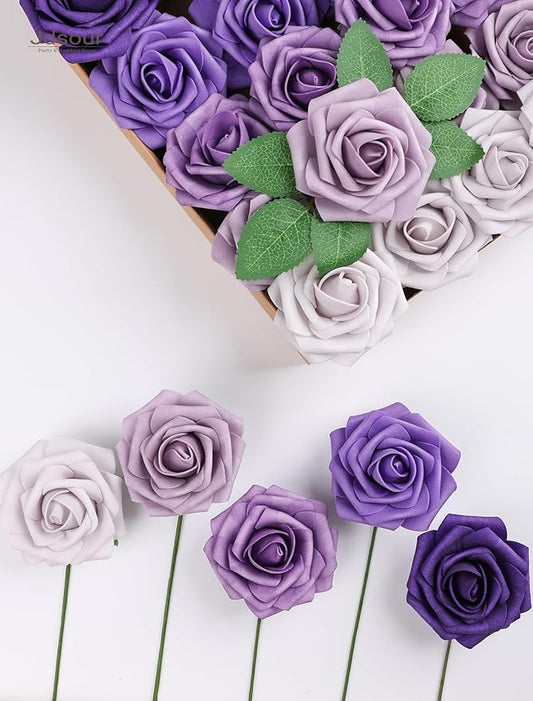 25pcs Artificial Flower,Real Looking Foam Roses w/Stem for DIY Wedding Bouquets Centerpieces Bridal Shower Party Decor-Shades of Series Purple