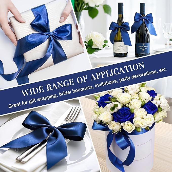 1-1/2 Inches 100 Yards Dark Blue Satin Ribbon, Solid Fabric Ribbon Roll for Flower Bouquets, Gift Wrapping, Wedding, Handmade Crafts