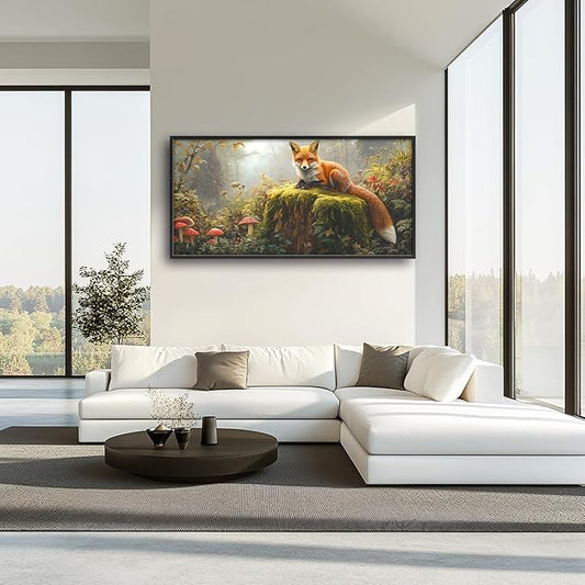Forest Fox Large Wall Art Framed Rustic Wall Decor for Living Room Fox Mushroom Pictures Oversized Canvas Print Painting Modern Extra Large Framed Artwork for Bedroom Office 60"x30"