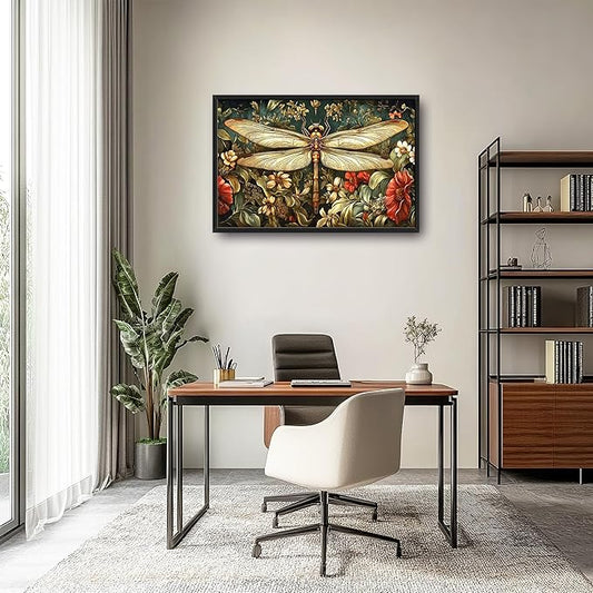 Dragonfly Floral Large Wall Art Framed Wall Decor for Living Room Dragonfly Pictures Oversized Canvas Print Painting Modern Extra Large Framed Artwork for Bedroom Office Home Decor 36"x24"