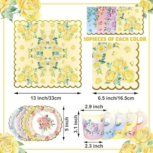 40 Set Floral Tea Cups and Saucers Disposable Tea Party Supplies Colorful Flower Teacups with Handle and Paper Napkins Dinnerware Set for Floral Theme Tea Party Birthday Wedding Bridal Shower Supply