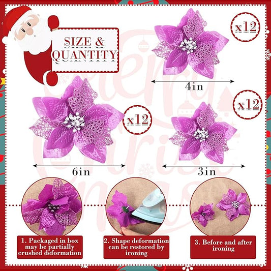WILLBOND 36 Pieces Christmas Poinsettia Glitter Faux Flowers Christmas Artificial Flowers Tree Ornaments Topper Xmas Decorations(Light Purple)