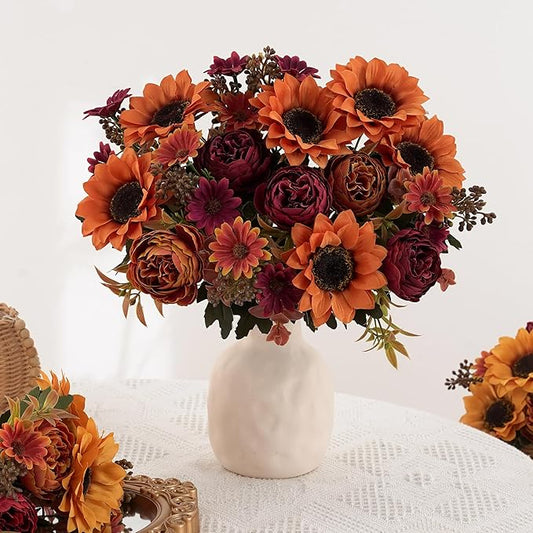 3 Bunches Sunflowers Fake Flowers, Fall Silk Artificial Sunflowers Decorations for Home Office, Wedding, Autumn Floral Arrangements, Halloween, Thanksgiving, Harvest Festival Decoration