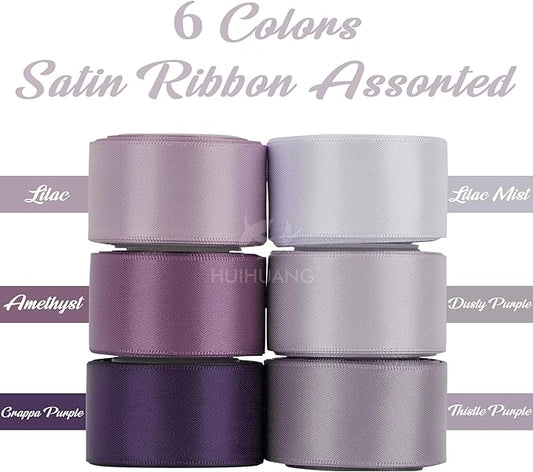 HUIHUANG Lilac Satin Ribbon - 1 inch Double Face Silk Assortment for Wedding, Bridal Shower Decor, Crafts, Hair Bows - 5 Rolls, Total 50 Yards