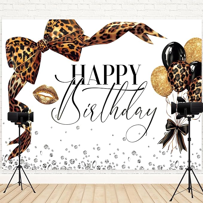 Leopard Print Bow Backdrop 8Wx6H Photography Brown White Gold Beauty Modern Bowknot Balloons Diamond Bownot Background Fashion Girly Party Decorations Banner Photo Booth Props Supplies