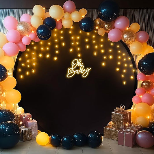 6.6 FT Black Round Backdrop Cover with Lights String for Circle Arch Stand Circle Backdrop Covers with LED Fairy Lights for Wedding Arch Baby Shower Birthday Party Photo Shoot Photography Background