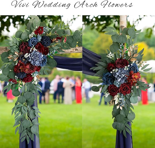 ponatia Artificial Navy Blue Wedding Arch Flowers Kit, Burgundy Flowers with 26Ft Navy Blue Arch Draping Fabric, Flowers for Wedding Arch Ceremony Reception Backdrop Decoration
