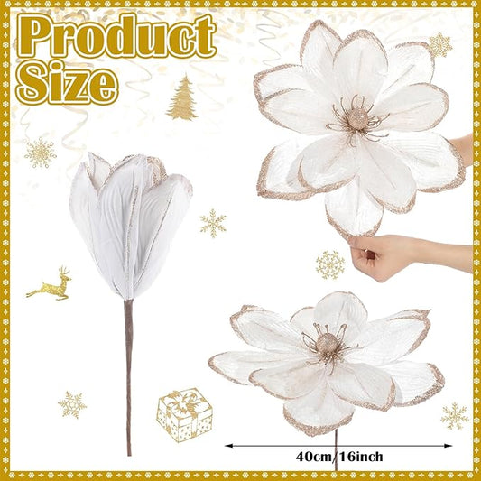 8 Pcs Large Christmas Flower Magnolia Flowers Christmas Tree Decoration Artificial Poinsettia Stems Velvet Xmas Ornaments for Xmas Tree Table Decor(White,16 Inch)