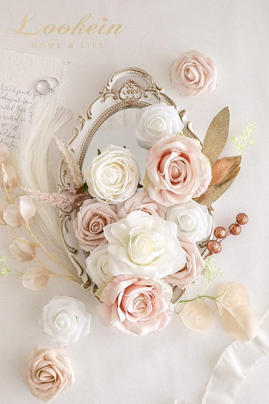 Lookein Artificial Flowers for DIY Wedding Decoration Bridal Bouquet Table Centerpieces Flower Garland Wreaths Aisle Arch Flower Decoration Home Decor, Chic Beige