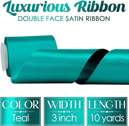 MEEDEE Teal Satin 3 Inch Ribbon Lux Double Faced Satin Ribbon Christmas by 10 Yards Green Ribbons Teal Ribbons for Christmas Tree Decoration, Weddings, Flower Bouquet, Bow Making