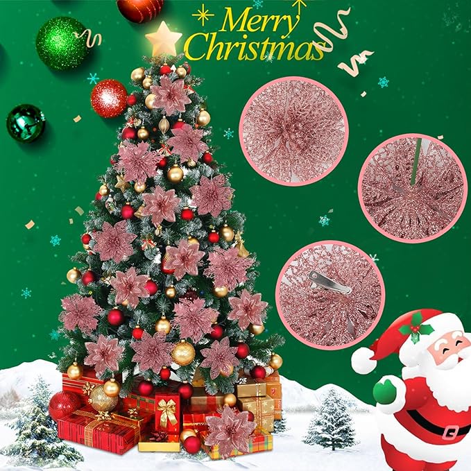 RECUTMS 66 Pcs 3 Styles Christmas Ornaments Christmas Glitter Poinsettia Flowers Artificial Christmas Tree Flower Decorations Wedding Wreath Floral Decorations (Rose Gold)