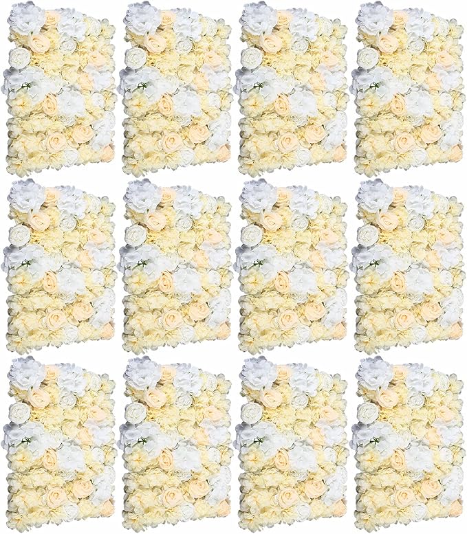 LOYALHEARTDY 12 Pack 24" x 16" Artificial Flower Wall Panels Hydrangea and Rose Flower Backdrop Panels Wedding Party Event Decoration (12 PCS, Yellow+White)