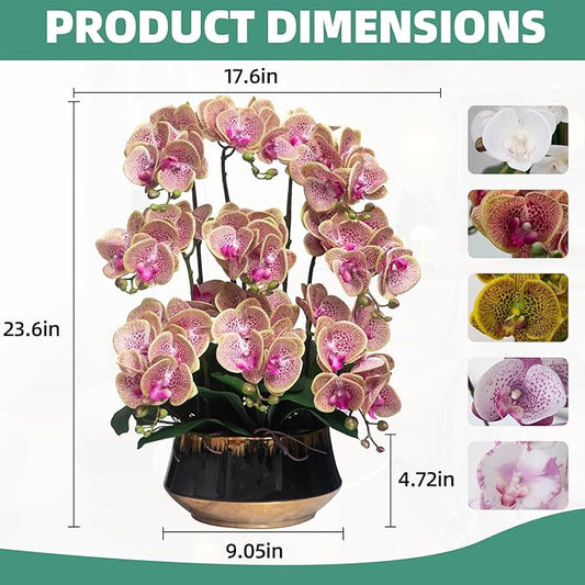 CXGS Orchids Artificial Flower Real Touch Faux Orchid in Large Ceramic Vase 23.6'' Realistic PurpleSpots Fake Phalaenopsis Floral Arrangements Centerpiece Table Home Indoor Decor