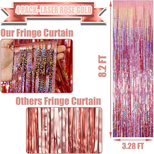 4 Pack Rose Gold Tinsel Foil Fringe Curtain Backdrop, 3.28Ft x 8.2Ft Metallic Streamers for Photo Booth Wedding Bridal Shower Bachelorette Birthday Halloween Christmas Party Decoration