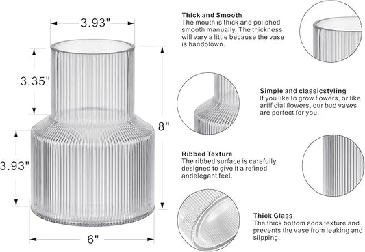 8" High Ribbed Glass Vase, Glass Flower Vase, Fluted Clear Vases for Lego Flower Bouquet, Modern Glass Vases for Living Room, Dinning Table, Wedding (Clear, 6"x8")