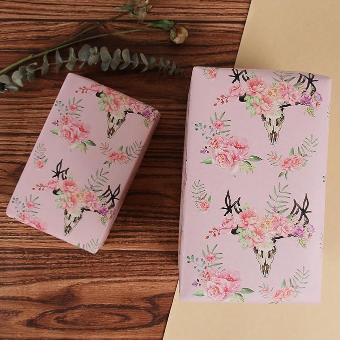 Aimyoo Pink Skull Floral Kraft Wrapping Paper Roll, All Occasion Flower Gift Wrap Paper for Birthday Wedding Bridal Shower 17 in x 10 ft