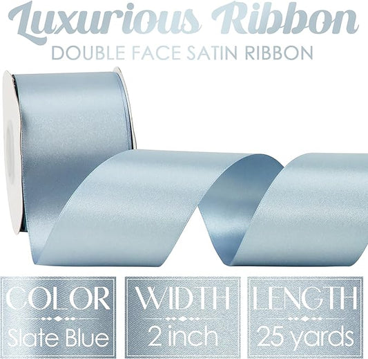 MEEDEE Slate Blue Satin Ribbon 2 inch Slate Blue Ribbon Double Faced Satin Ribbon Dusty Blue Satin Ribbon by 25 Yards Dusty Blue Ribbon for Christmas Tree, Satin Weddings, Flower Bouquet