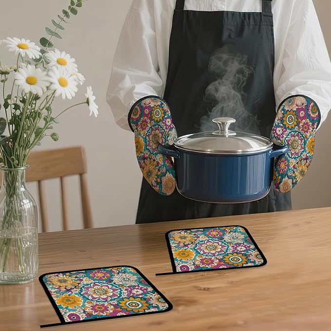 Vintage Mandala Oven Mitts and Pot Holders,Floral Flower Heat Resistant Oven Mitts Gloves and Pot Holder for Home Kitchen Decorations Cooking Baking BBQ Gifts,Set of 4