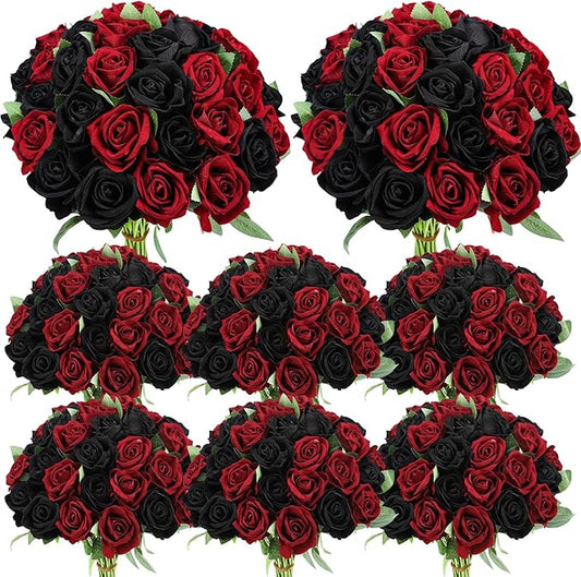 80 Pcs Roses Artificial Flowers, Silk Black & Red Artificial Flowers Petals Long Stem Roses for Wedding Bouquet Home Party Decor