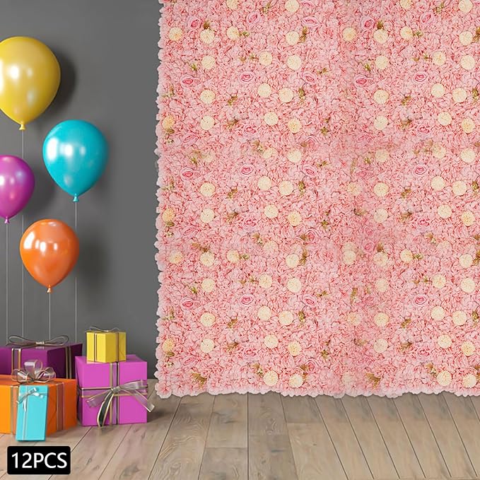 Eapmic 15"x 15" Artificial Flower Wall Panels,Flower Wall Mat Silk Flower Panels for Outdoor Garden Backyard Fence Fence Privacy Screen and Indoor Wall Decor(12Pcs Pink+Champagne)