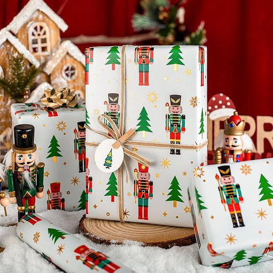 Yarcony Nutcracker Wrapping Paper Roll, White Christmas Wrapping Paper, Metallic Foil Elegant Christmas Tree, Nutcracker Gift Wrap for Holiday, New Year, Celebrations (Mini Roll, 17 Inch X 33 Feet)