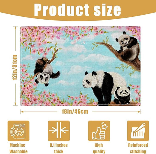 Cute Panda Placemats Set of 6, Sakura Tree Linen Place Mat Washable Stain Resistant Table Mats for Farmhouse Kitchen Dining Holiday Party Wedding Decor 12x18 Inch