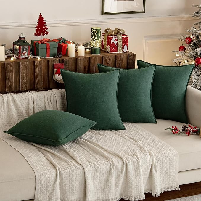 MIULEE Decorative Linen Lumbar Pillow Covers 12x20 Inch Dark Green Boho Farmhouse Neutral Couch Throw Pillows for Bed Pack of 2 Accent Modern Pillowcase Sofa Livingroom Home Decor